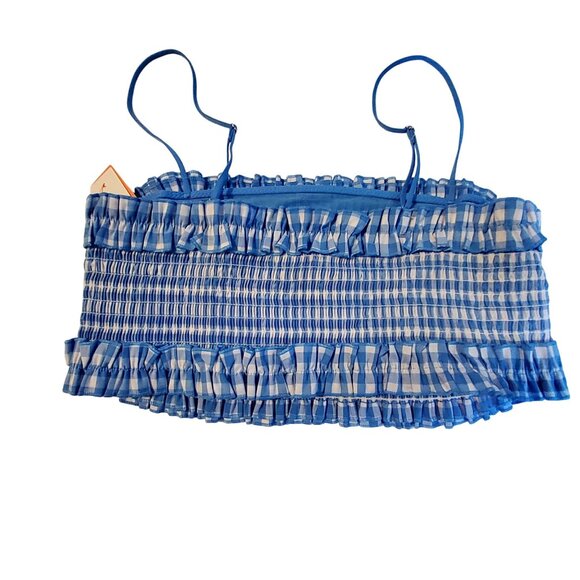 Colsie Blue Plaid Smocked Crop Top With Ruffle Trim Lightweight and breathable M - Picture 2 of 11